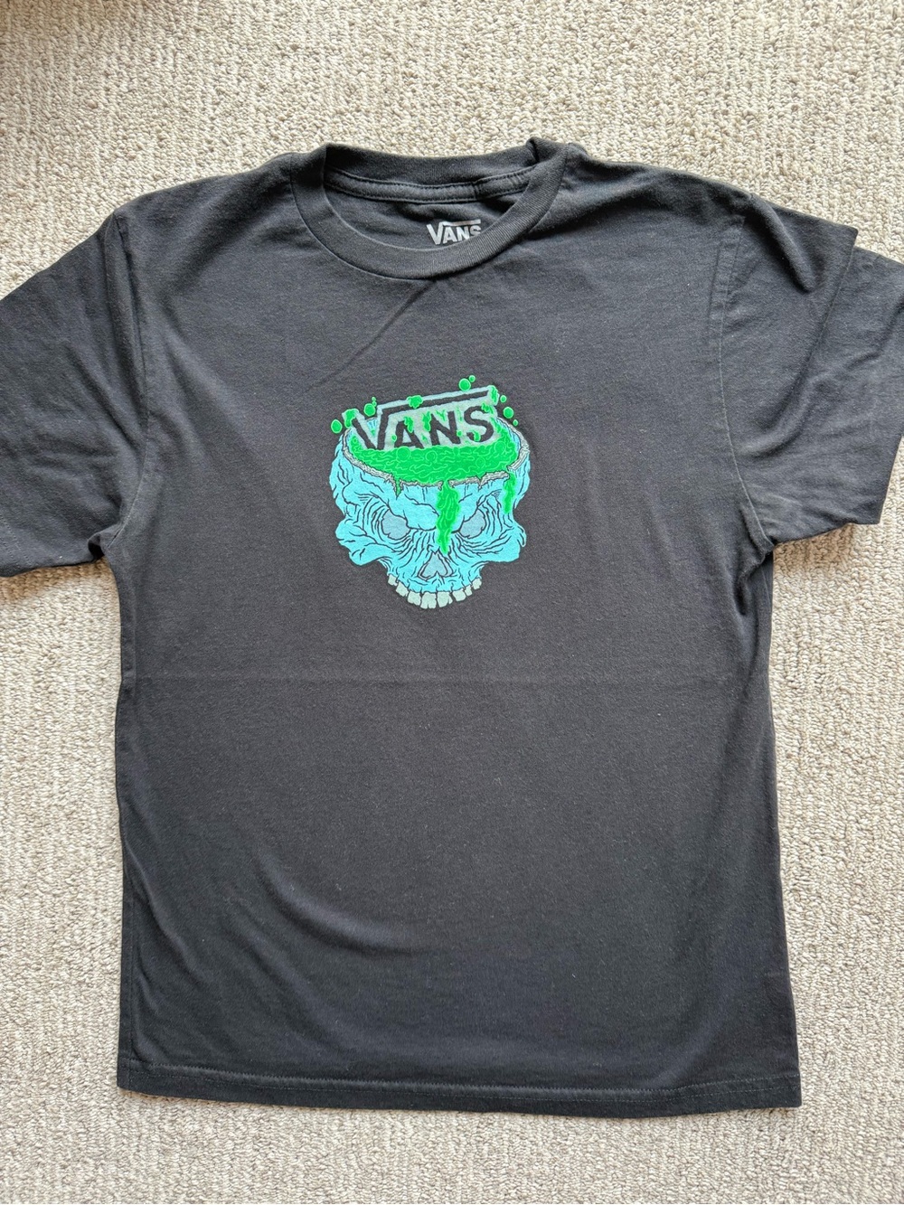 Vans Boy’s Black Tee with Neon Green and Teal Skull Graphic